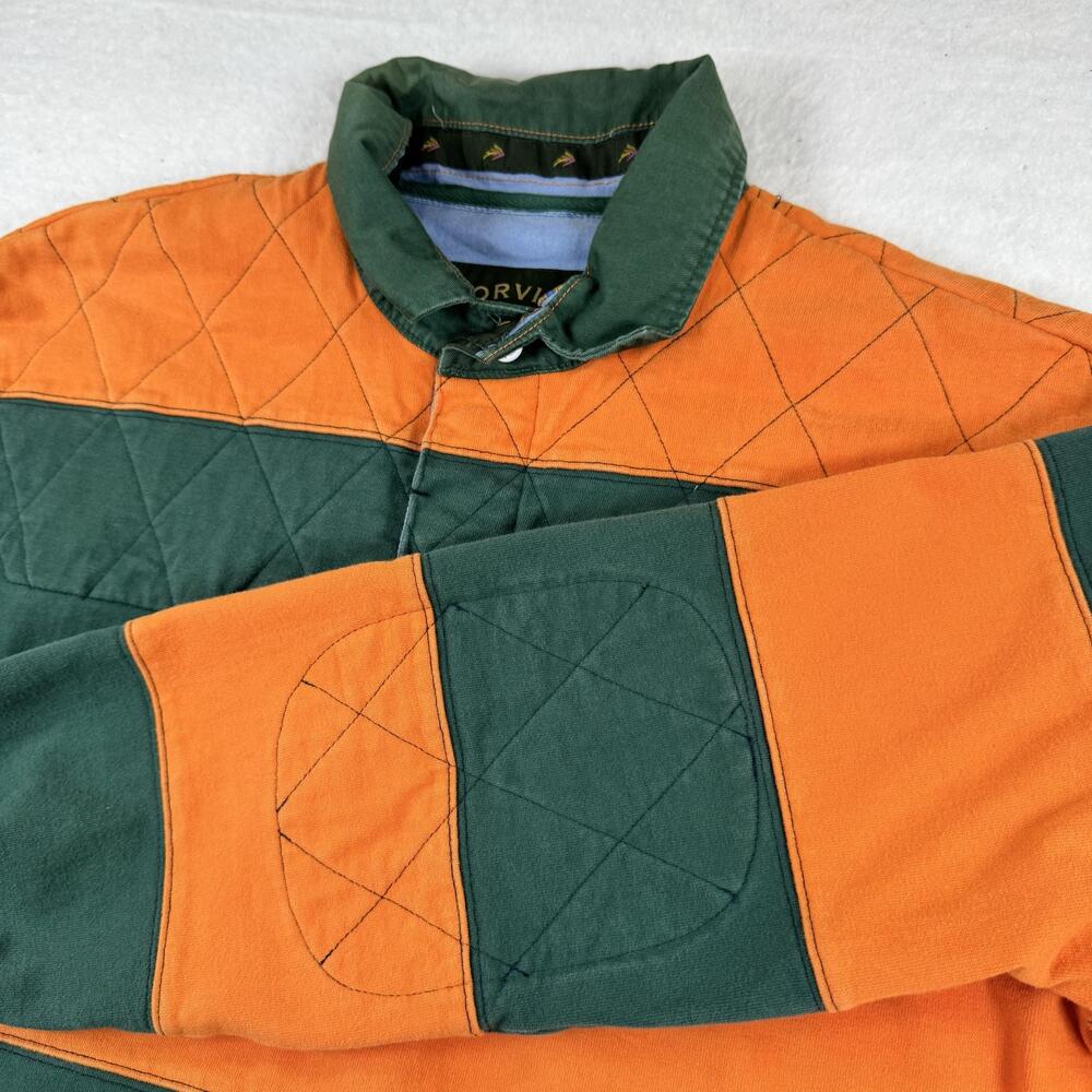 Orvis Rugby Polo Shirt Mens Size M Green Orange Quilted Padded Striped Jersey